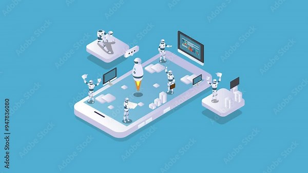 Robot trading on stock market from mobile phone 3d animation cartoon