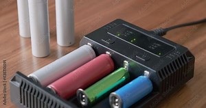 Rechargeable batteries of various sizes charging in a multi charger with blinking green leds. Lithium-Ion, Nickel–metal hydride, NiMH.