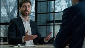 Caucasian businessman consultant trader sales representative bank worker consulting client man professional manager advise customer at business meeting in office offer investment insurance recommend