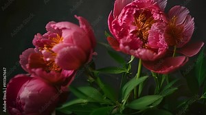 Video footage of close up of several blooming peonies with deep pink petals and yellow centers, set against a dark, blurred background