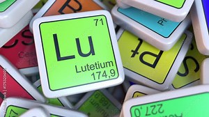 Lutetium Lu block on the pile of periodic table of the chemical elements blocks. Chemistry related intro animation