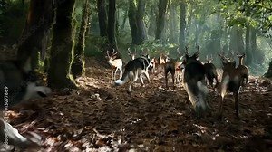 Wolves chasing deer through the forest, Pack of wolves in pursuit of prey in woodland
