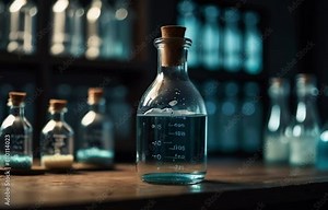 Chemistry laboratory, making vaccine in research lab, chemicals in bottle in science lab Generative AI