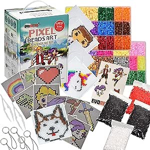 Pixel Art Fuse Beads Kit for Kids - Complete Adventure Set with Pegboard, Stickers, Patterns, Ties and Keychain Rings, 13,000 Fuse Beads in 29 Colors by EVORETRO