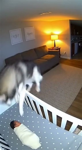 Husky Dog Cover Baby Second Before Lamp Explosion