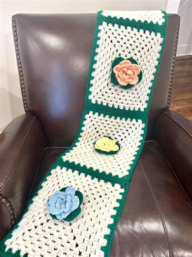 Vintage Handmade Crocheted Granny Square Table Runner With 3D Floral Appliques - Etsy