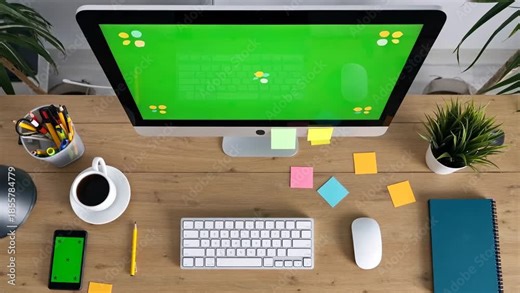 Modern Workspace Setup with Computer, Coffee, and Stationery for Productivity