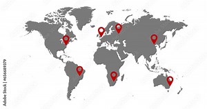 World Map Animation in 4K Video. Red Map Pins on Grey World Map