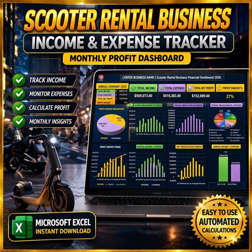 Plantilla de Excel para el seguimiento de ingresos y gastos por alquiler de scooters / Panel de control de ganancias mensuales - Etsy España