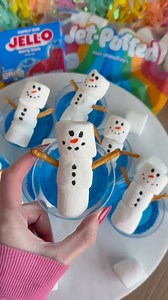 2.3K views · 351 reactions | Get crafty with the kids this winter! These marshmallow snowmen are so easy to make and look adorable skating on “ponds” of JELL-O ⛸️ Pro-tip: Draw your snowman’s face on with food safe markers or melted chocolate and a toothpick! #puddingcups #easydesserts #kidstreats #jellodesserts #easytreats | JELL-O | Facebook