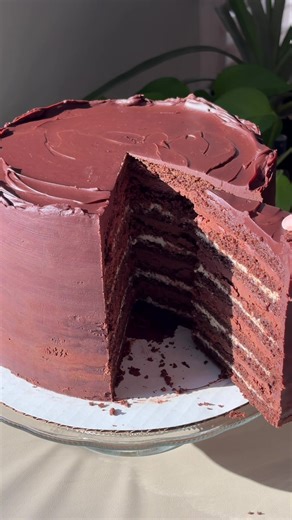 Chocolate sesame cake! With 18 layers to be exact ☺️ Inspired my love for chocolate tahini brownies and generally just wanting something rich and delicious while it’s zero degrees outside. Details for how I made it are on my Substack! #chocolatecake #chocolatesesame #chocolatetahini #sesame #tahini