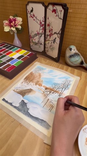 Winter River Watercolor Transformation Process