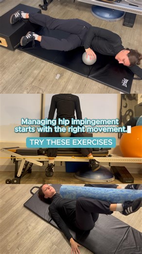 Dealing with hip pinching, stiffness, or pain during everyday movement? 🤔 Hip impingement often responds best to exercises that build strength and improve control around the joint. These movements focus on supporting the hip while improving how it moves. 🟢 Copenhagen Level 1 - Strengthens the adductors to help stabilize the hip. 🟢 Banded Hip Internal Rotation - Targets hip internal rotation strength and control, which is commonly limited with impingement. 🟢 Supine Foam Roller Twists - Works 