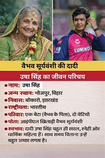 वैभव सूर्यवंशी की दादी उषा सिंह का जीवन परिचय ‼️ biography of Usha Singh#ytshorts #gk#news