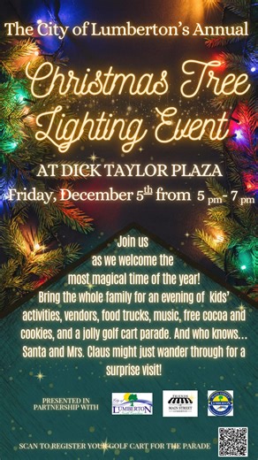1.2K views · 11 reactions | Join us at Dick Taylor Plaza in Downtown Lumberton on December 5th at 5pm for our annual Christmas Tree Lighting event! | City of Lumberton, NC Government | Facebook