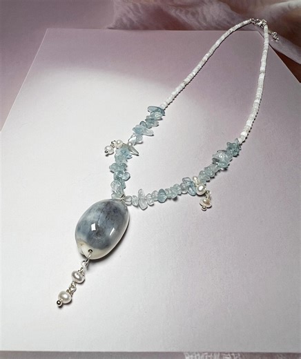 Handmade Blue Satin Cowrie Shell Choker | One of a Kind Aquamarine & Pearl Coastal Beach Jewelry - Etsy