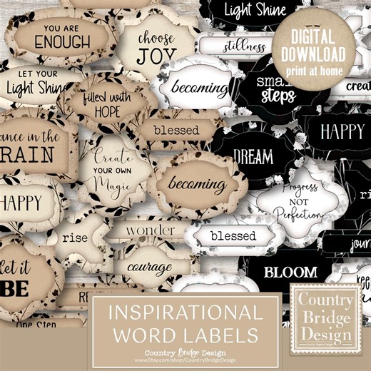 Inspirational Word Labels, Junk Journal Inspirational Word Labels, Scrapbooking Word Embellishments, Digital Word Sticker, Vintage Ephemera - Etsy