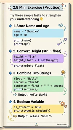 "Boost your Python basics in 4 quick steps! Store data, convert type, combine string & use Boolean🚀"