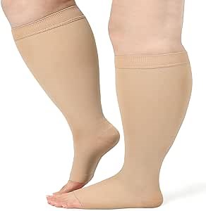 AKSO MEDICOS Plus Size Compression Socks (S-7XL) 20-30 mmHg Wide Calf Open Toe Compression Support Stocking for Improve Circulation Varicose Veins Swelling Edema Open-Toe Beige Medium