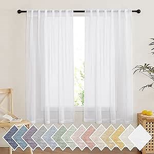 NICETOWN Bathroom Window Curtains, Rod Pocket & Back Tab Semi Sheer Linen Drapes Short Small Curtains Privacy with Light Filtering for Kitchen/Nursery, White, W52 x L54, 2 Panels