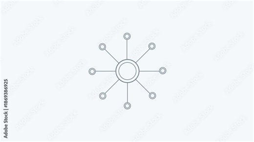 Minimal line style network hub icon with central upload symbol and connected nodes. Clean UI animation concept representing data upload, sending information, outbound network transfer, and digital sys