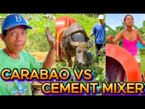 Filipina VS Carabao Ox VS Cement Mixer UP HILL POWER PULL! OFF GRID ISLAND FAMILY PHILIPPINES LIVING