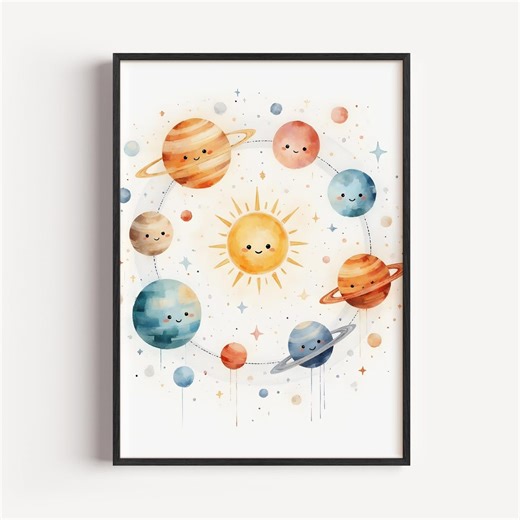 Nursery Solar System Wall Art - Cute Pastel Planets, Sun & Orbits, Printable Kids Room Decor, Playful Watercolor Illustration Download 1279 - Etsy