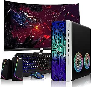 HP G4 Desktop Computer PC AMD Pro A10-9700 R7, 16GB RAM, 1TB SSD, 24-inch Curved Monitor, RGB Speaker, RGB Keyboard with AI-Enabled Copilot Key, Mouse, 2X ARGB Fan WiFi, Windows 11 (Renewed)