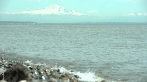 Boundary Bay, Mount Baker, Washington State. 4K UHD. The beach in Point Roberts, Washington State, looking out across Georgia Strait. USA. 4K. UHD.