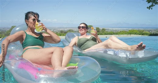 Diverse mature women raising cups toasting friends and sipping yellow drinks on floats in edge pool