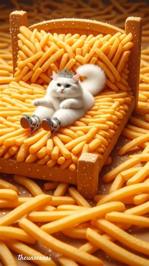 cat on french fries bed.#aiart #short #DreamScreenAI #shorts #kitten #ai #cat #viral #love #cats#new