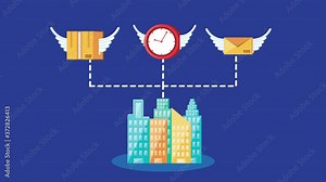 logistic service with buildings in map paper and set items flying