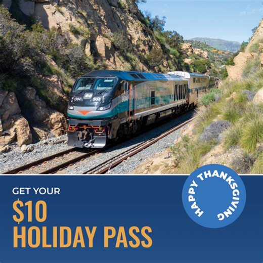 In observance of Thanksgiving Day, Metrolink will be operating on a weekend schedule and offering the $10 Holiday Pass, allowing for unlimited one-day travel across the Metrolink system on Thursday and Friday, November 23-24. Learn more about our holiday schedule and the $10 Holiday Pass at https://metrolinktrains.com/thanksgiving | Metrolink