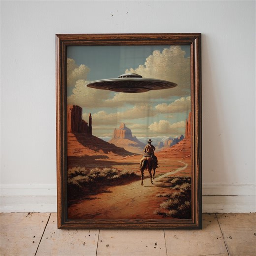 Cowboy and UFO Print, Sci-fi Western Wall Art, Funny Cowboy Alien Scene, Alien Spaceship Print, Surreal Southwestern Home Decor - Etsy