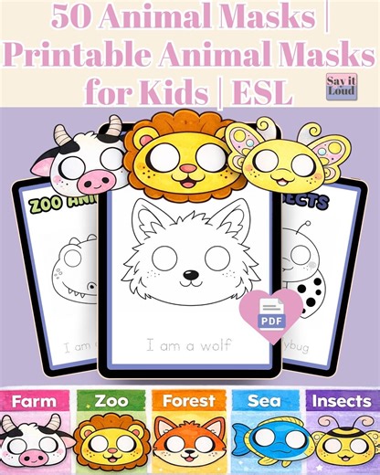Animal Sentence Building Masks – “I Am A…” ESL Worksheets | 50 Printable Animal Activities for Kindergarten & Early Readers - Etsy