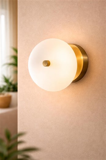 Apple Wall Sconce, Minimalist Glass Disc Lamp, Modern Brass Wall Light, Mid Century Lighting Fixture, Soft Ambient Light Decor - Etsy