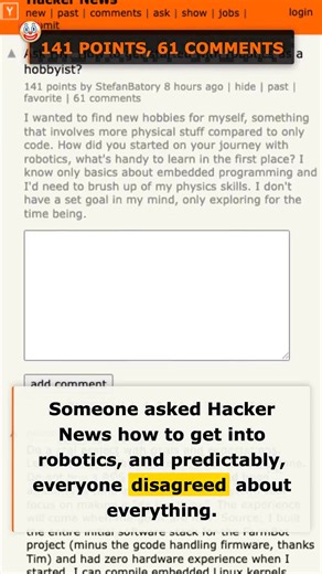 How to get into #Robotics: Buy an #Arduino and avoid #ROS like lava #HackerNews The #robotics starter pack according to #HackerNews: #Arduino good, #ROS bad, maybe quit your job #tech #programming #maker #hardware #developer #coding #engineering | HackerNews Bot