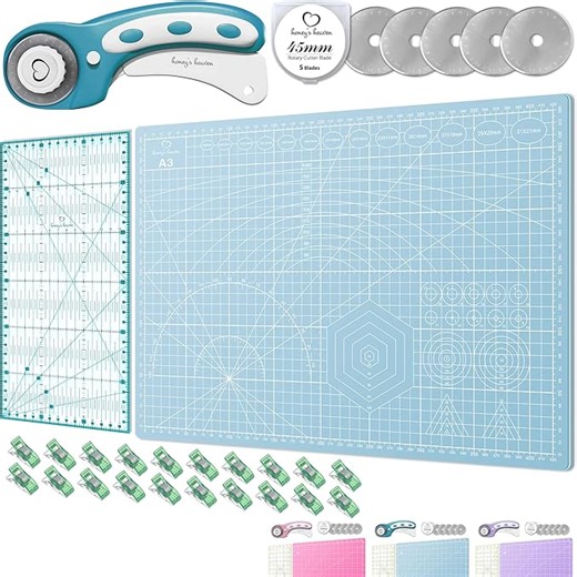 Honey's Heaven 45 mm Rollschneider Stoffschneider Set inkl. Schneideunterlage, Ersatzklingen, Stoffklammern, Patchwork-Lineal (Türkis/Mint, Schneidematte im A3-Format)
