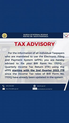 Tax Advisory for individual taxpayers who are mandated to use the eFPS in the filing of 2nd Quarter 2023 ITR. | BIR Revenue District Office 21B - South Pampanga