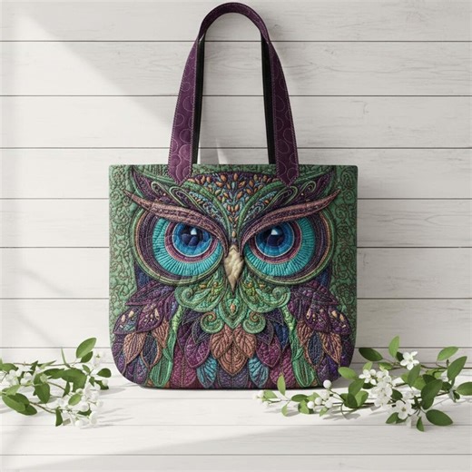 Quilted Owl Tote Bag, Colorful Owl Quilt Pattern Shoulder Bag, Boho Owl Handbag, Aesthetic Everyday Carry, Gift for Owl Lover - Etsy