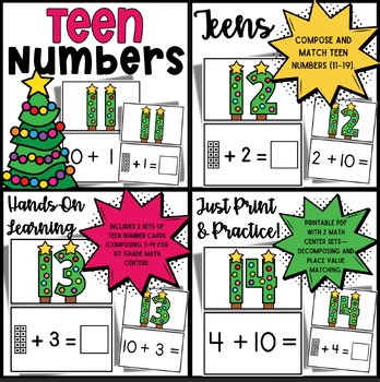 1st Grade Christmas Teen Numbers Matching | Tree Theme | Place Value 11–19