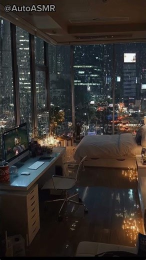 relaxing asmr glass living room, city view and rain sounds for good sleep #rainsounds #citytour