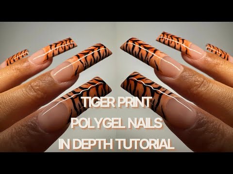 Tiger Print Polygel Nails🐅🧡 in depth polygel nail tutorial - prep, application, shaping, nail art