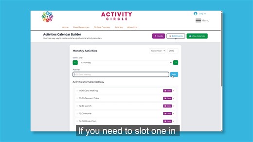 More details and info on our new Activities Calendar Builder. Check out the guide on the tool for more information. https://www.activity-circle.com/ New & Free Tool for Activity Providers! The Activities Calendar Builder makes it simple to: - Add and organise your activities by day - Copy activities to every day or month in seconds - Customise colours, fonts, and even add your logo - Print full monthly calendars or detailed daily sheets Perfect for care homes and it’s completely free to use, no 