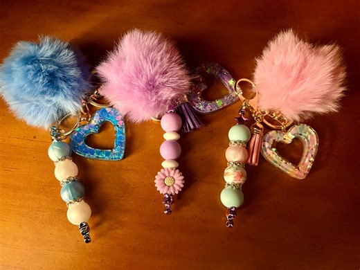 Beaded Keychains Wirh Pom-pom and Acrylic Heart - Etsy