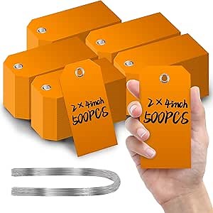 500 Pcs Large Plastic Shipping Tags with Wire Attached Heavy Duty Blank Waterproof Tags with String for Inventory Outdoor Labeling Equipment 4 3/4" x 2 3/8" (Orange)
