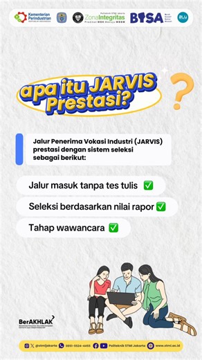 Pendaftaran Ujian Masuk POLITEKNIK STMI JAKARTA Tahun 2026/2027 melalui JARVIS PRESTASI I MASIH DIBUKA ! JARVIS PRESTASI merupakan jalur penerimaan mahasiswa baru Politeknik STMI Jakarta yang menggunakan nilai raport dan tanpa tes tulis/ tes akademik lainnya serta memiliki prestasi (dapat menjadi nilai tambah) DENGAN PILIHAN PROGRAM STUDI: Sarjana Terapan: 1. Program Studi Administrasi Bisnis Otomotif 2. Program Studi Sistem Informasi Industri Otomotif 3. Program Studi Teknik Industri Otomotif 4