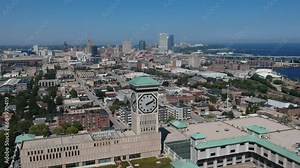 Drone shot of clocktower outside of downtown milwaukee wisconsin