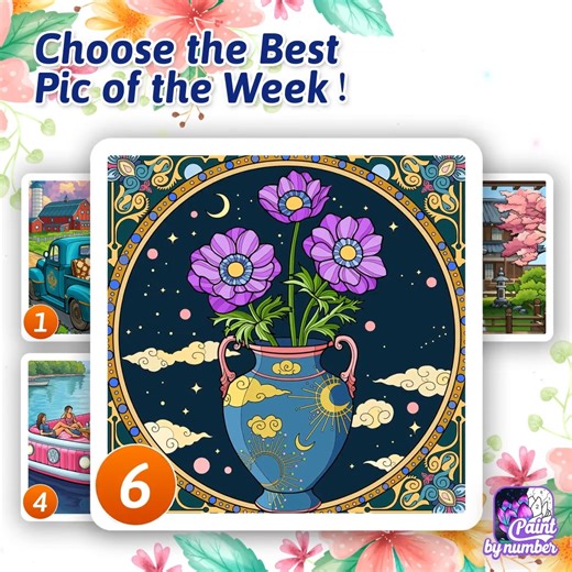 33K views · 506 reactions |  Pic of the Week   Step into a colorful world of imagination and inspiration! ✨Which of these vibrant scenes will you bring to life?  Farm Fresh Evenings  Pride of the Night  Serenity beneath the Sakura  Pink Cruise Vibes  Beauty in the Details 敖 Starlit Petals Choose your favorite and let the colors flow! Drop the name of your pick in the comments below!  | Paint By Number | Facebook
