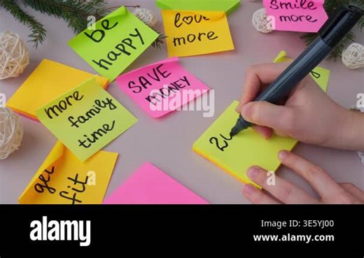 2027 GOALS Unrecognizable woman writing new years resolutions on colorful sticky notes. Making promises for new year, setting goals. Creating vision board motivation Stock Video Footage - Alamy
